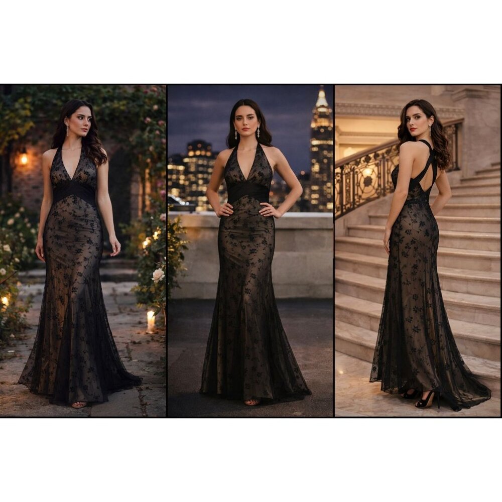 Betsy & Adam Women’s Halter Gown Black Floral Mesh 10 Whimsygoth Quiet Luxury